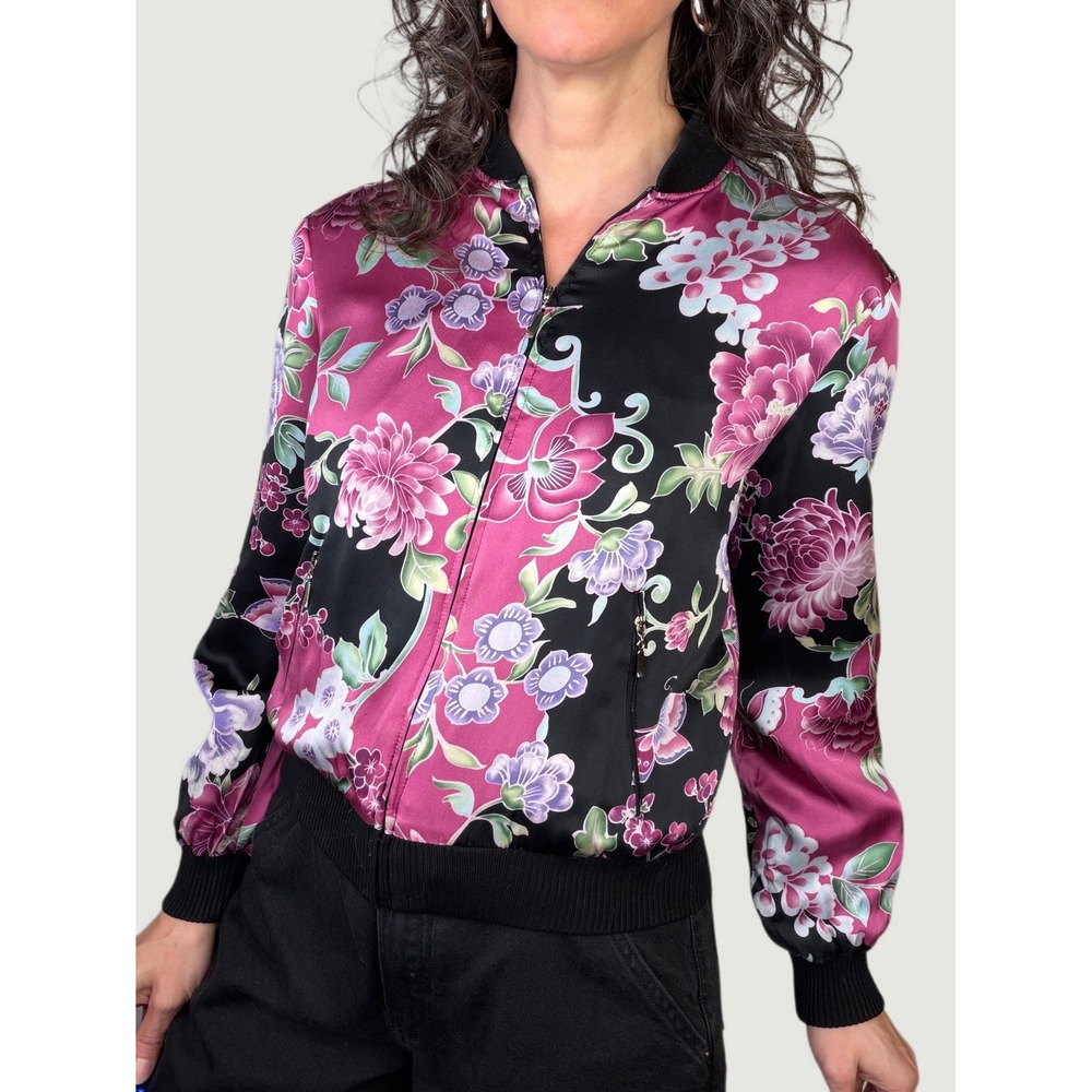 Vintage Y2K Silk Bomber Jacket Butterfly Floral Print Pink Black 90s croppedS